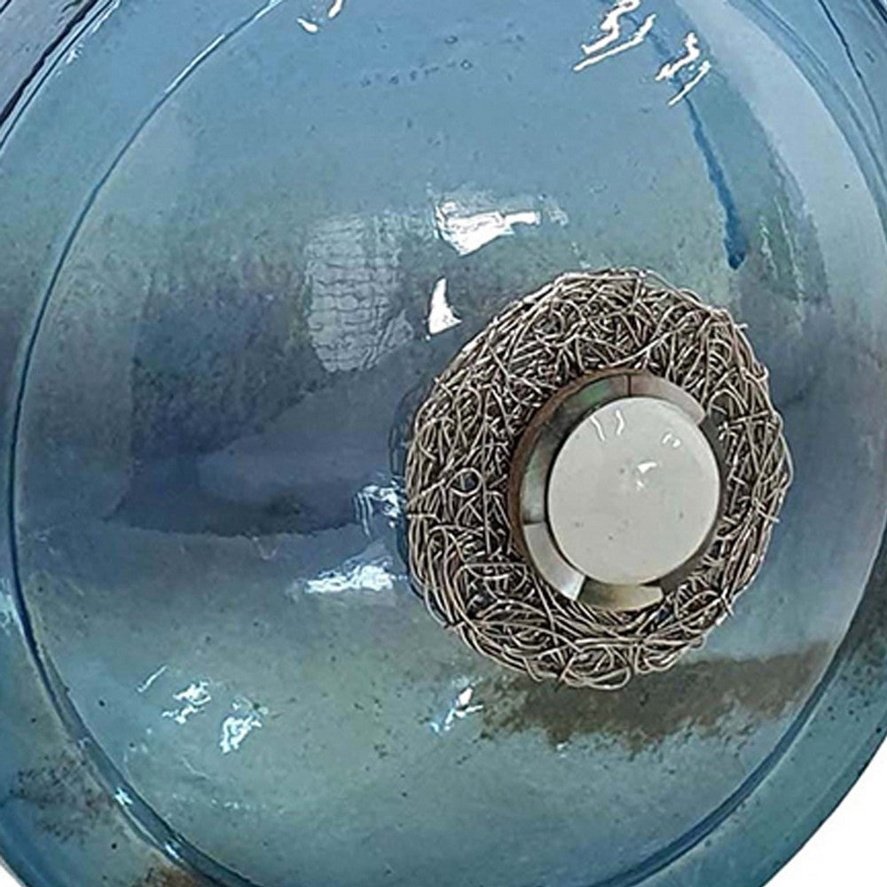 Decorative Floral Vase, Ocean Blue Glass with Stone Motif, 8 Inch