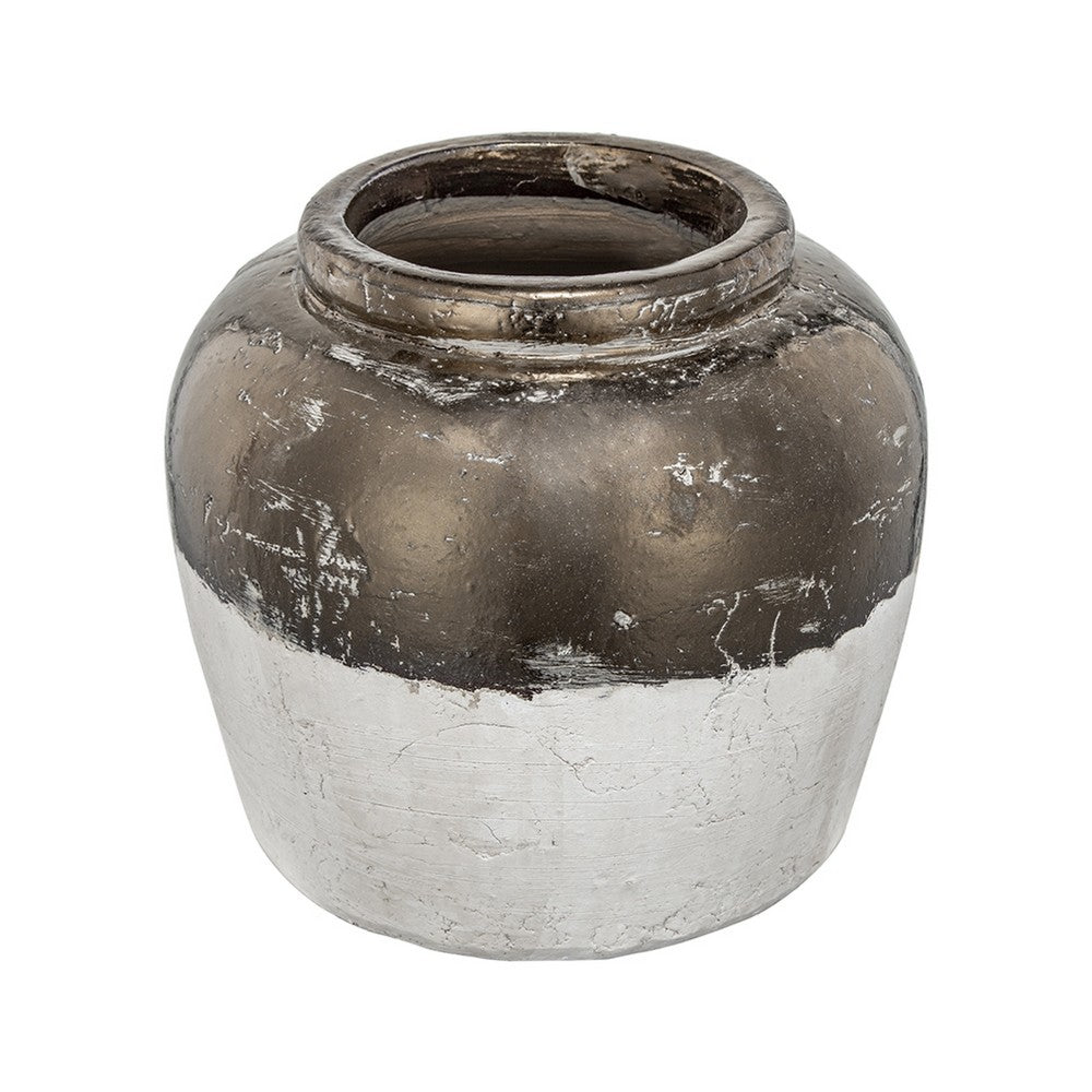 Accent Flower Vase, Rustic Bronze and Silver Terracotta, 13 Inch Round