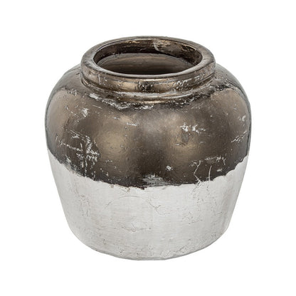 Accent Flower Vase, Rustic Bronze and Silver Terracotta, 13 Inch Round