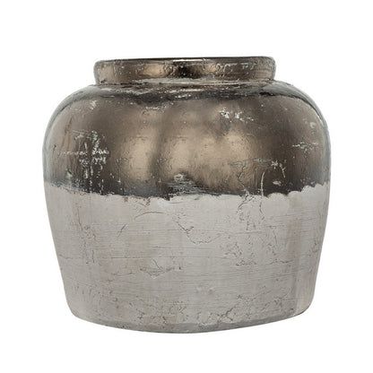 Accent Flower Vase, Rustic Bronze and Silver Terracotta, 13 Inch Round