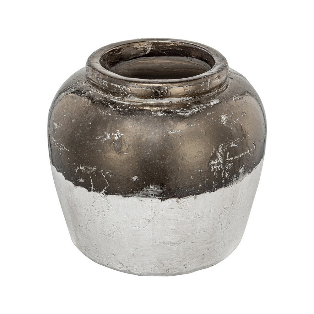 Accent Flower Vase, Rustic Bronze and Silver Terracotta, 13 Inch Round