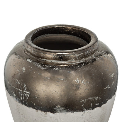 Accent Flower Vase, Rustic Bronze and Silver Terracotta, 13 Inch Round