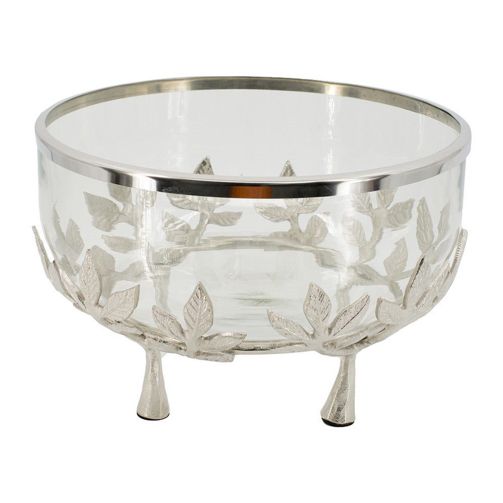Dyna 13 Inch Bowl with Fine Glass and Floral Silver Aluminum Stand