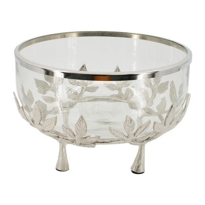 Dyna 13 Inch Bowl with Fine Glass and Floral Silver Aluminum Stand