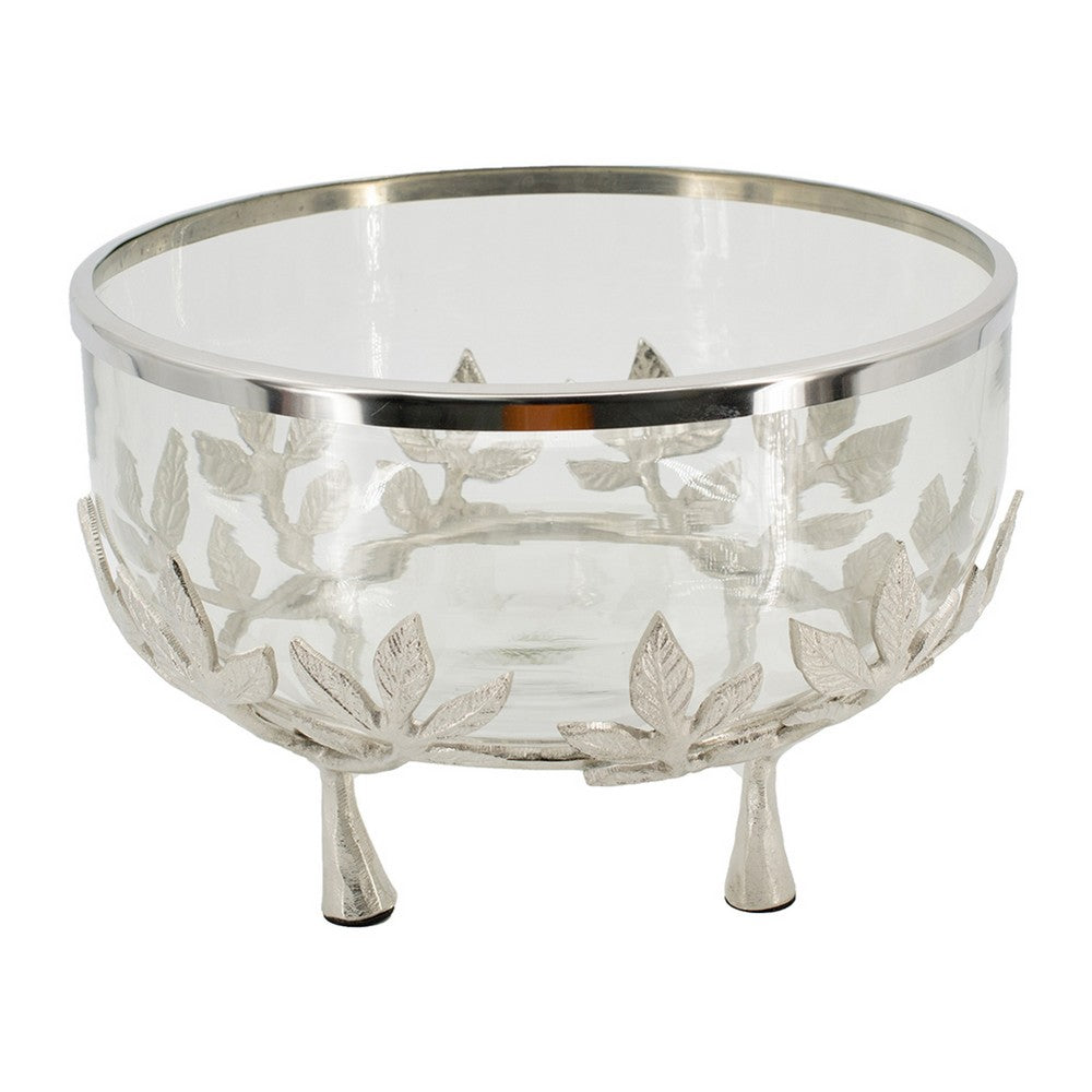 Dyna 13 Inch Bowl with Fine Glass and Floral Silver Aluminum Stand