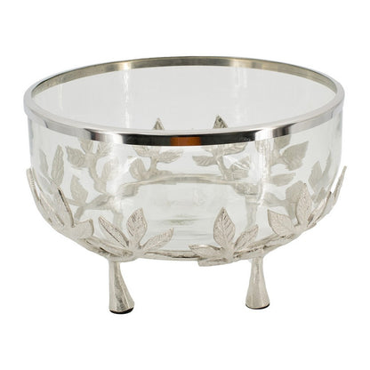 Dyna 13 Inch Bowl with Fine Glass and Floral Silver Aluminum Stand