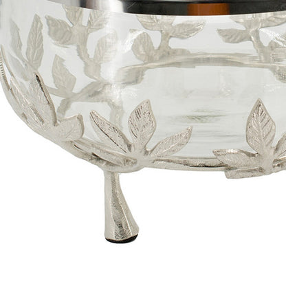 Dyna 13 Inch Bowl with Fine Glass and Floral Silver Aluminum Stand