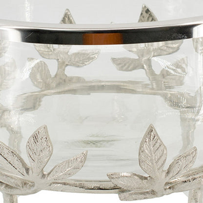 Dyna 13 Inch Bowl with Fine Glass and Floral Silver Aluminum Stand