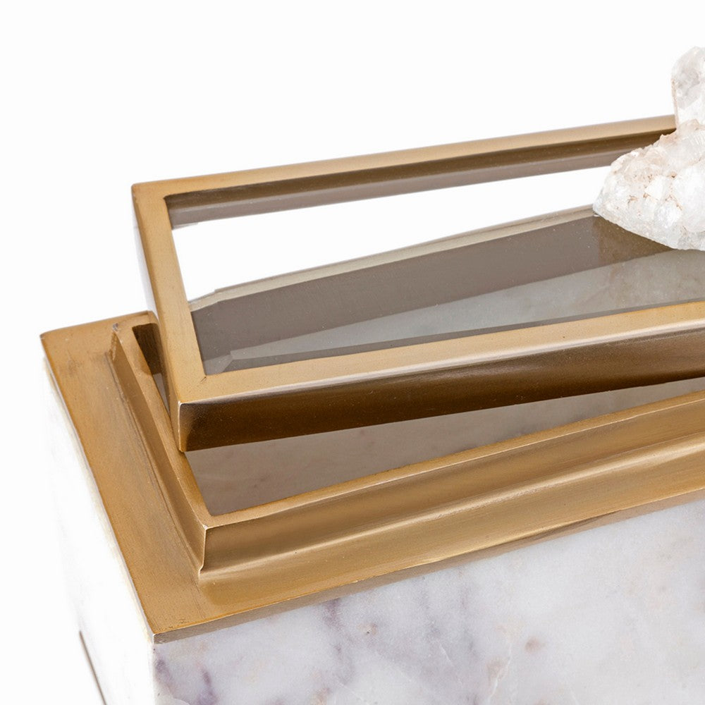 Plushy Decorative Box with Lid, White Marble