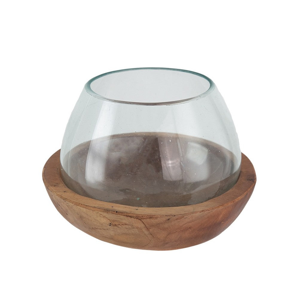 Kristy Round Decorative Bowl with Natural Teak Wood Base