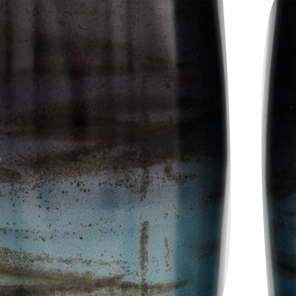 Viena Decorative Vase Set of 2, Aluminum Rim, Layered Blue Glass