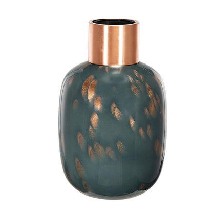 Celina Round Vase, Copper Fleck Details, Iron Neck Blue Glass, 17 Inch