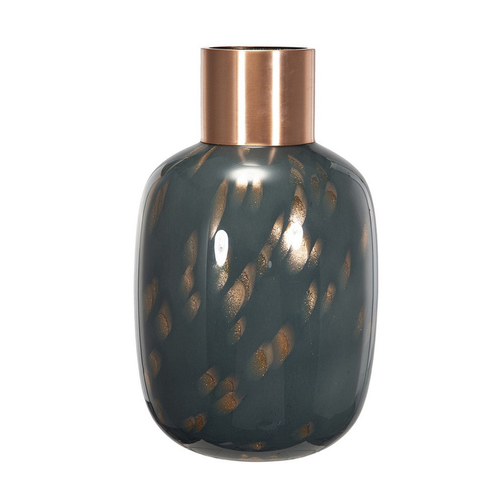 Celina Round Vase, Copper Fleck Details, Iron Neck Blue Glass, 17 Inch