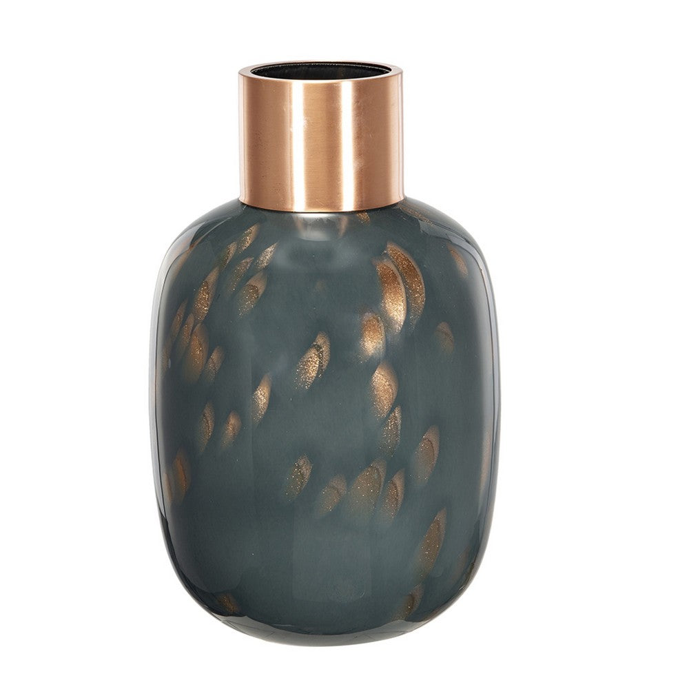 Celina Round Vase, Copper Fleck Details, Iron Neck Blue Glass, 17 Inch