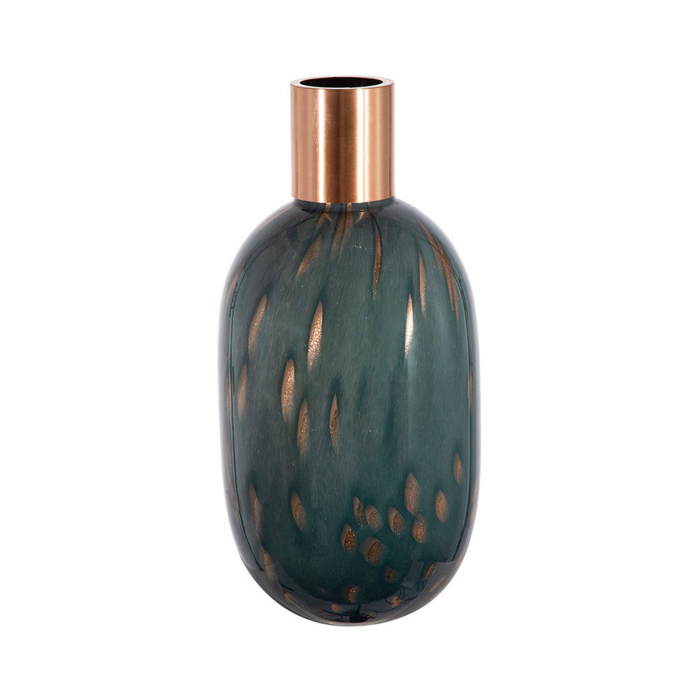 Celina Round Vase with Copper Fleck Details Blue Glass, Iron Neck