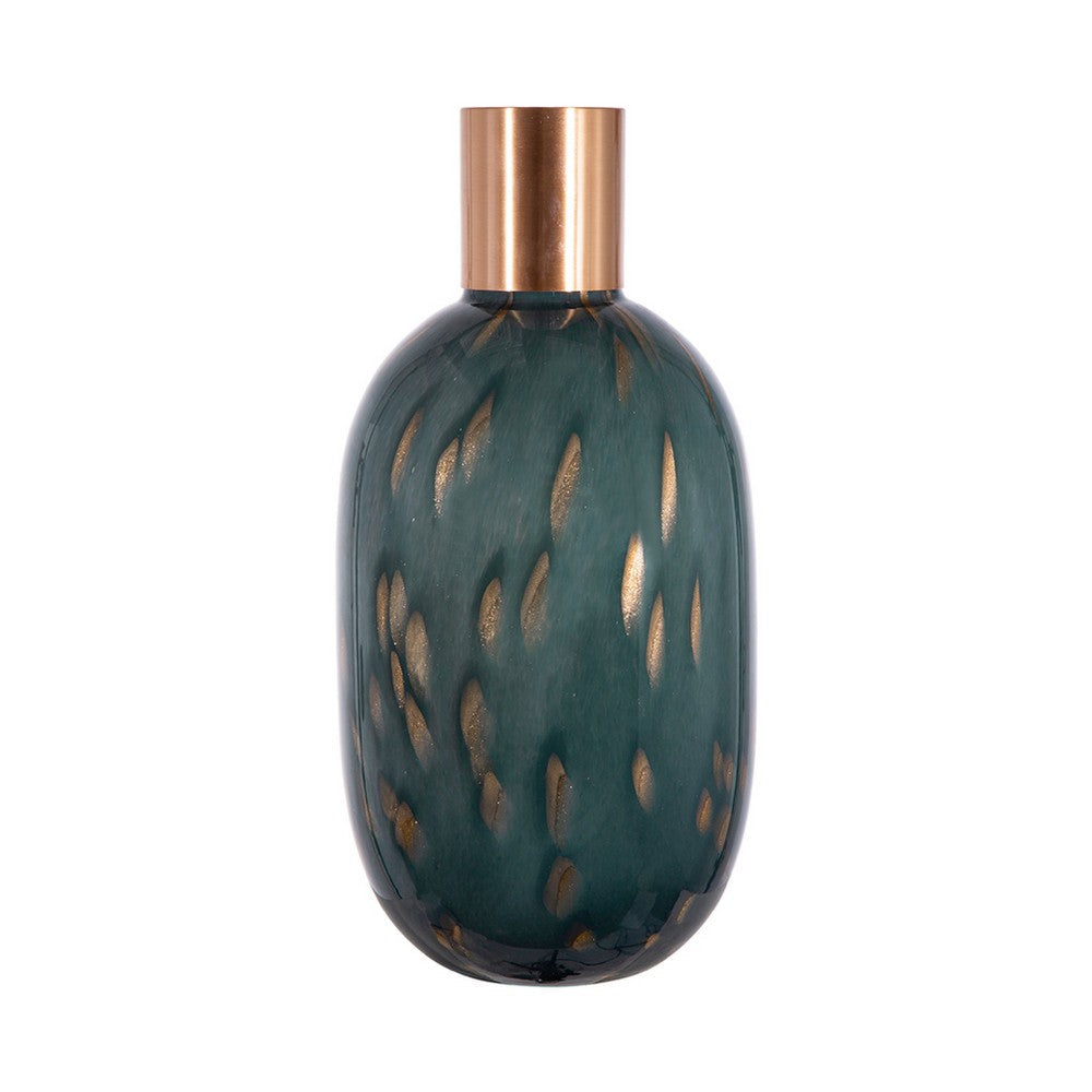 Celina Round Vase with Copper Fleck Details Blue Glass, Iron Neck