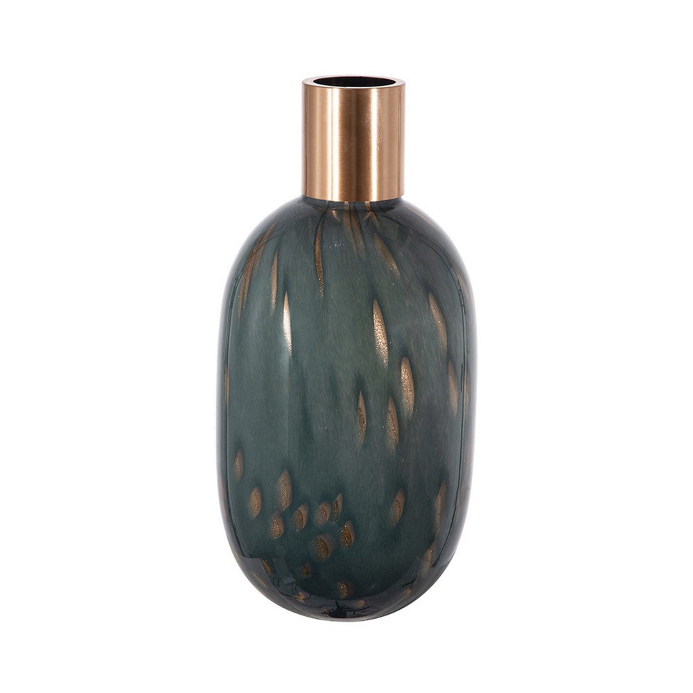 Celina Round Vase with Copper Fleck Details Blue Glass, Iron Neck