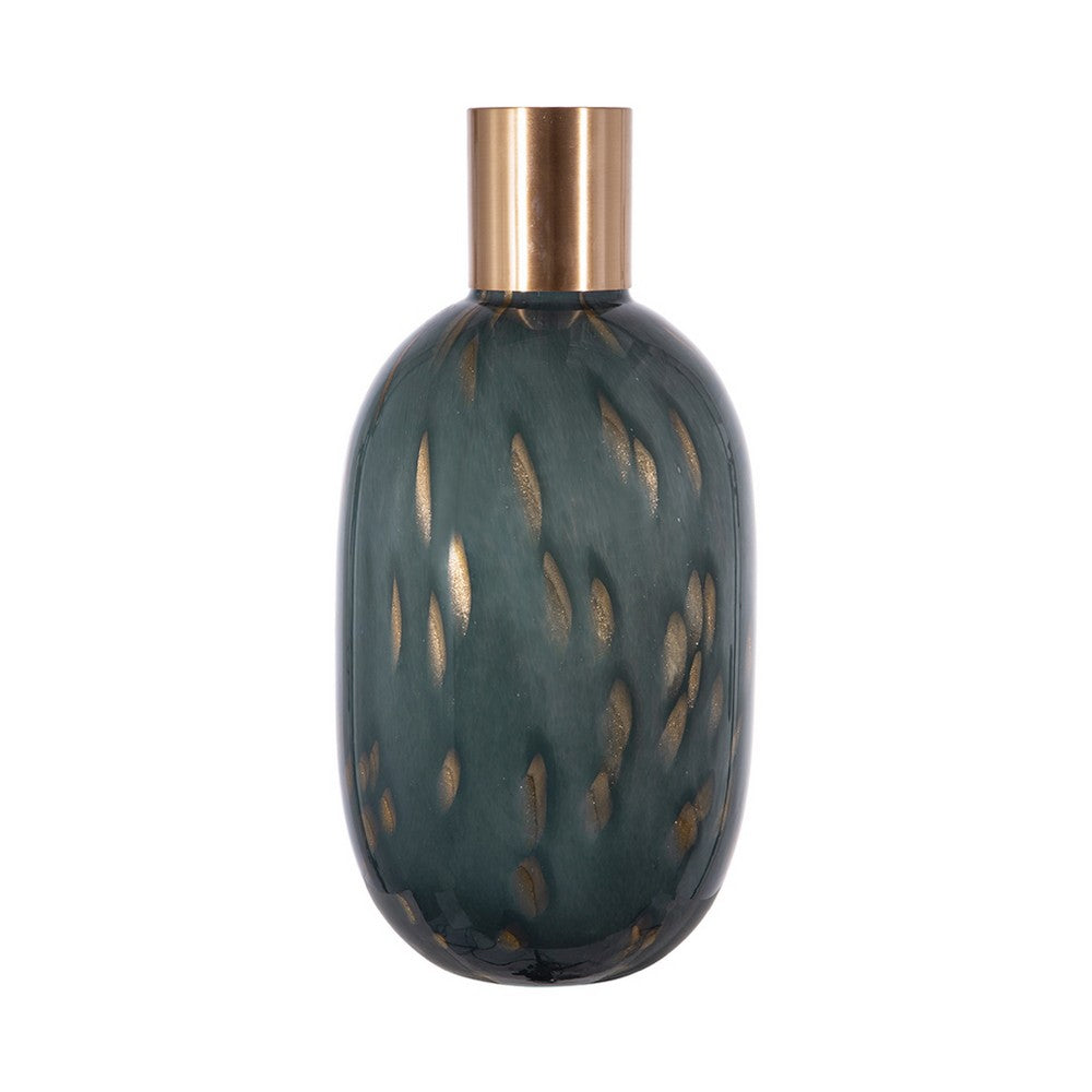 Celina Round Vase with Copper Fleck Details Blue Glass, Iron Neck