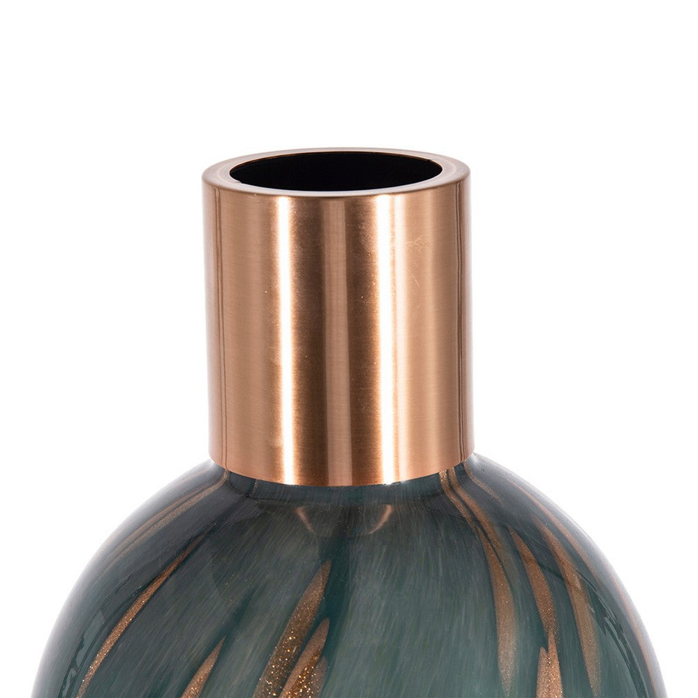 Celina Round Vase with Copper Fleck Details Blue Glass, Iron Neck