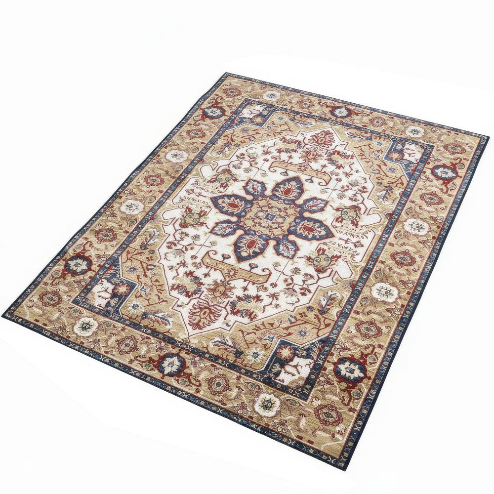 Hano 6x9 Large Area Rug, Vintage Blue Gold Bohemian Persian Style