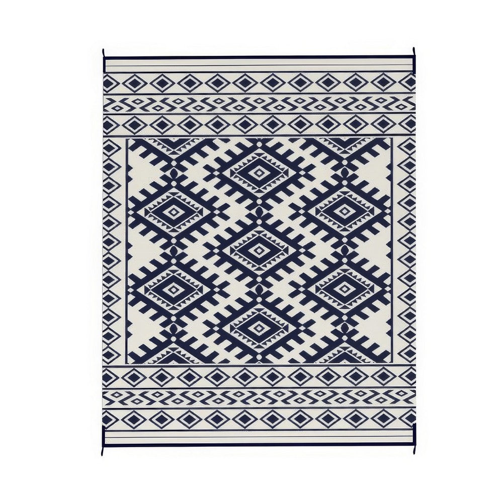 Elyz Large Outdoor Area Rug, Blue White Tribal Design