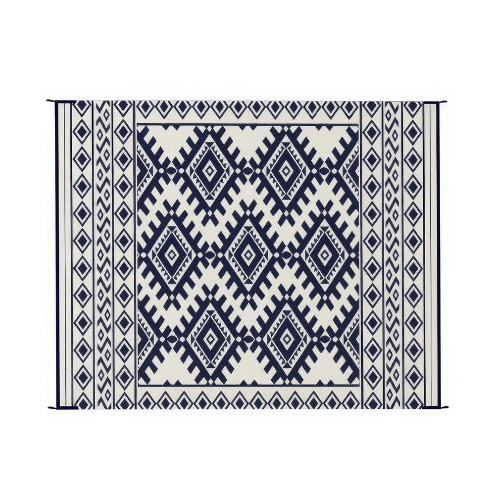 Elyz Large Outdoor Area Rug, Blue White Tribal Design