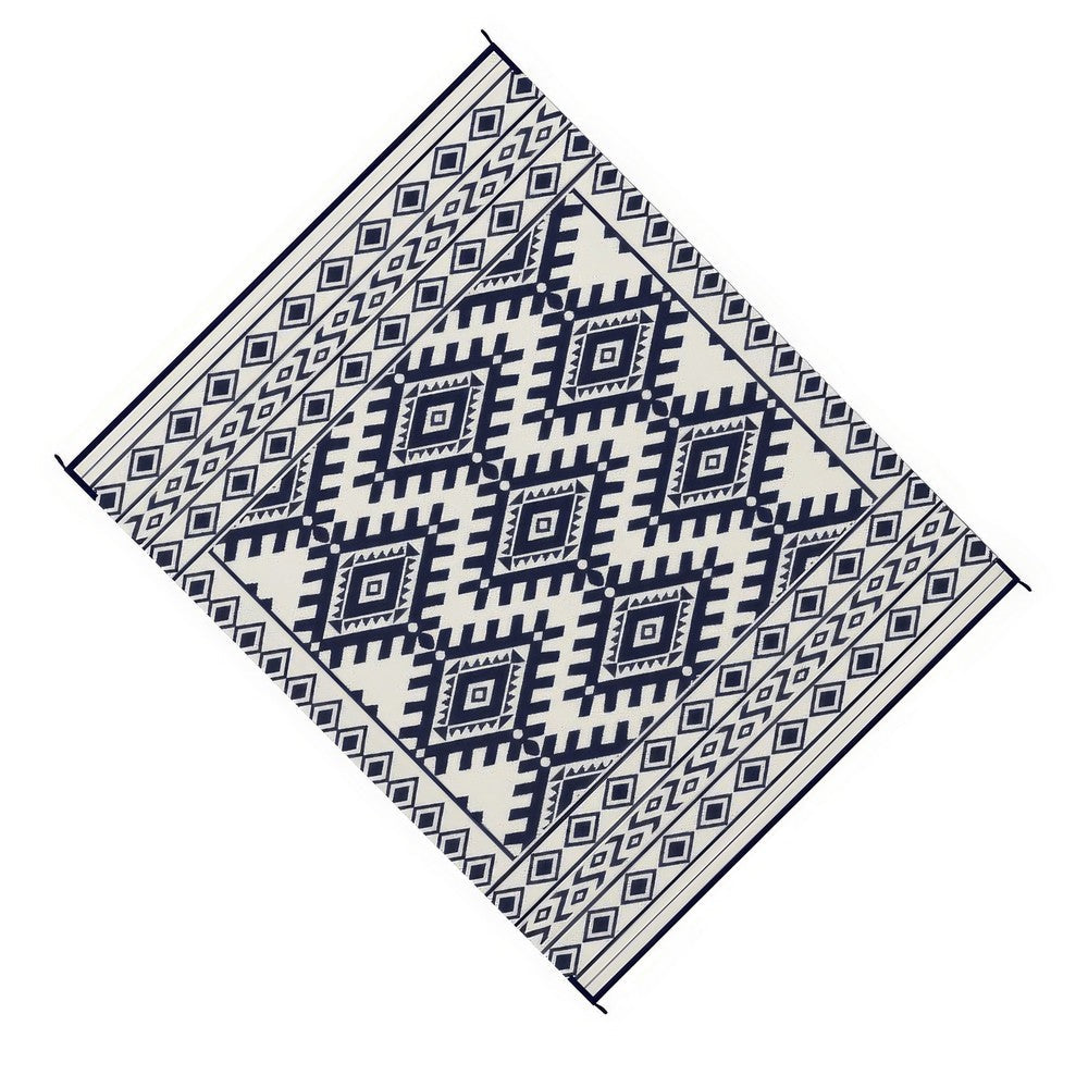 Elyz Large Outdoor Area Rug, Blue White Tribal Design