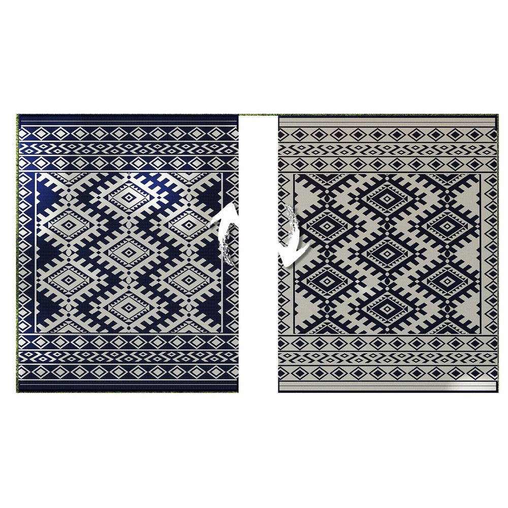 Elyz Large Outdoor Area Rug, Blue White Tribal Design