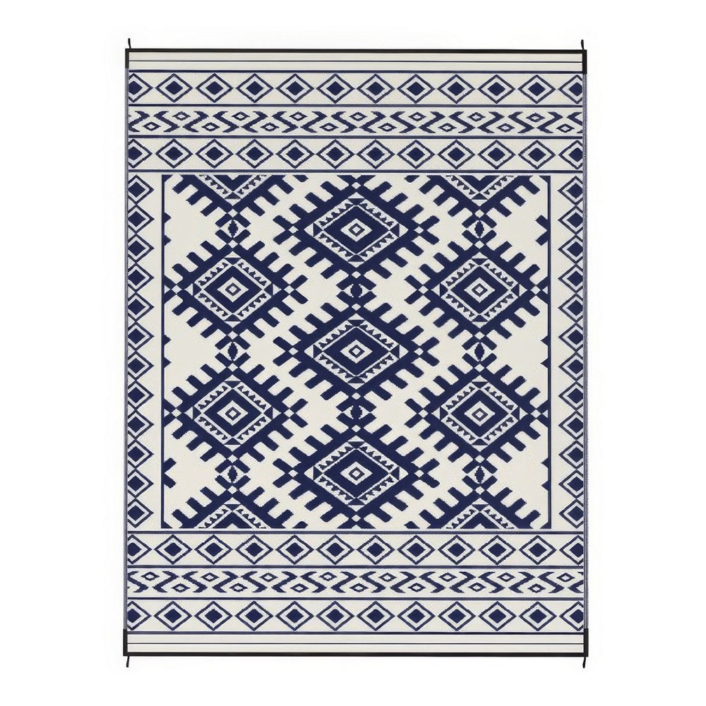 Elyz Large Outdoor Area Rug, Blue and White Tribal Design
