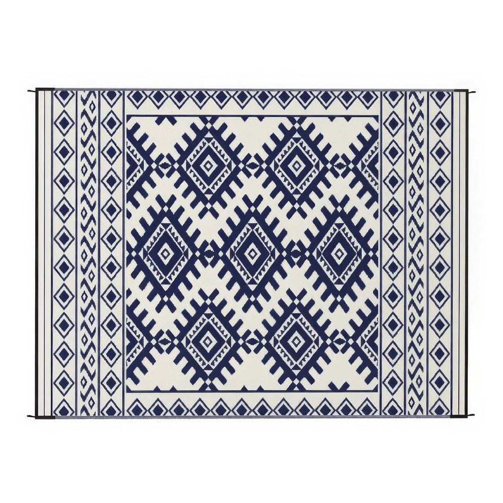 Elyz Large Outdoor Area Rug, Blue and White Tribal Design