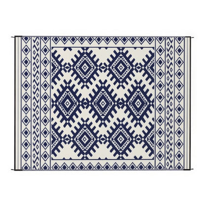 Elyz Large Outdoor Area Rug, Blue and White Tribal Design