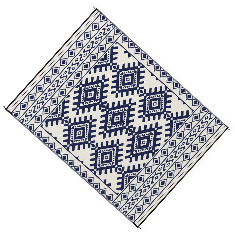 Elyz Large Outdoor Area Rug, Blue and White Tribal Design