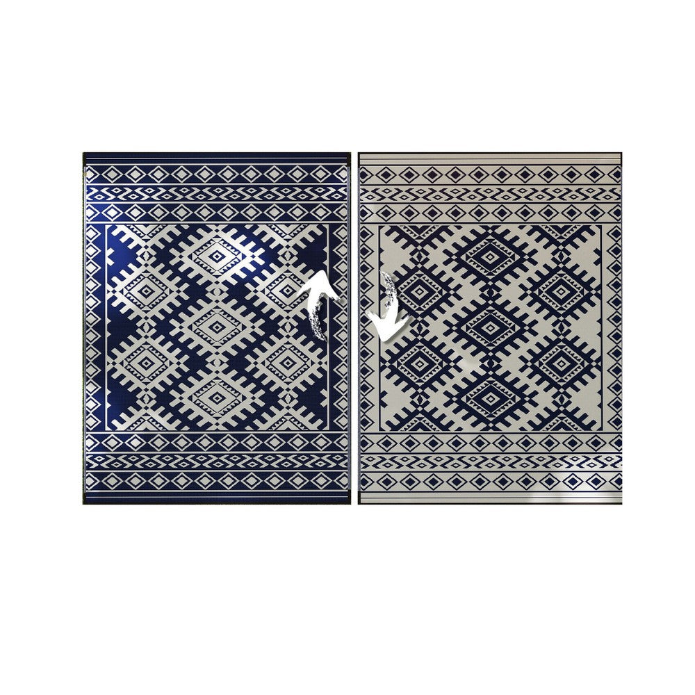 Elyz Large Outdoor Area Rug, Blue and White Tribal Design