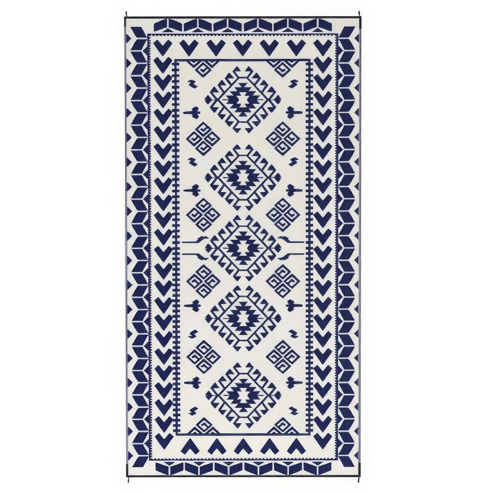 Pema Outdoor Area Rug, Blue and White Patchwork, Giant 9x18 Picnic Rug
