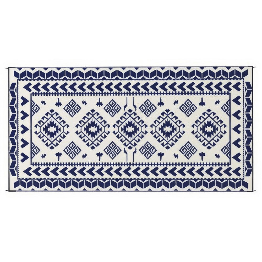 Pema Outdoor Area Rug, Blue and White Patchwork, Giant 9x18 Picnic Rug