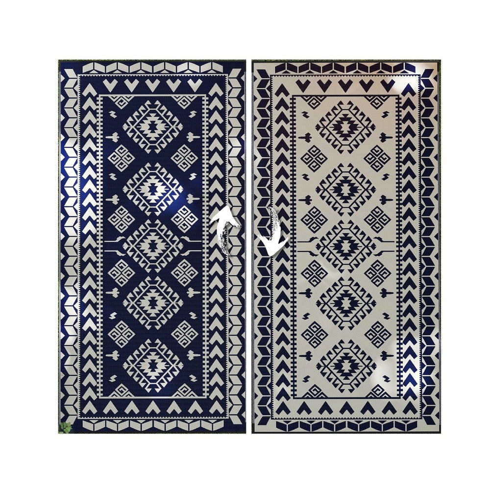 Pema Outdoor Area Rug, Blue and White Patchwork, Giant 9x18 Picnic Rug