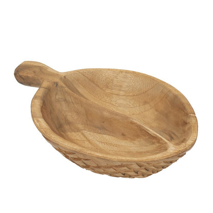Decorative Bowl with Handle, 9 Inch Farmhouse Natural Brown Teak Wood