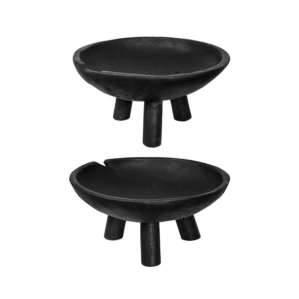 Decorative Footed Bowls Set of 2, Tripod Legs, Black Teak Wood