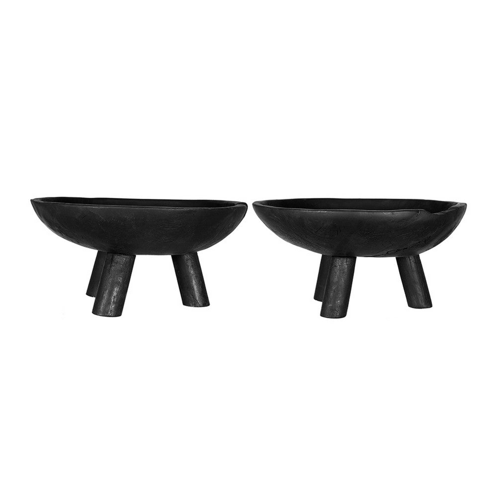 Decorative Footed Bowls Set of 2, Tripod Legs, Black Teak Wood