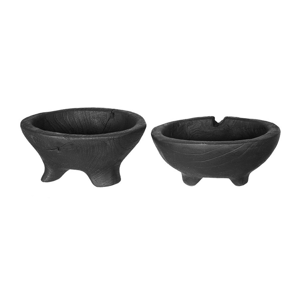 Decorative Footed Bowls Set of 2, Raised Edges, Black Teak Wood