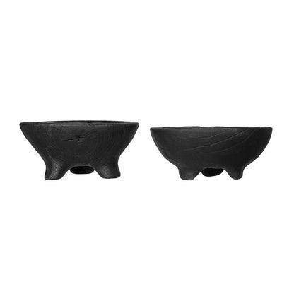 Decorative Footed Bowls Set of 2, Raised Edges, Black Teak Wood
