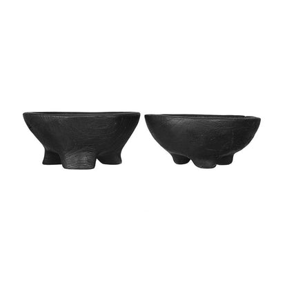 Decorative Footed Bowls Set of 2, Raised Edges, Black Teak Wood