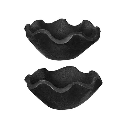 Decorative Bowls Set of 2, Organic Ruffled Edges, Rich Black Teak Wood