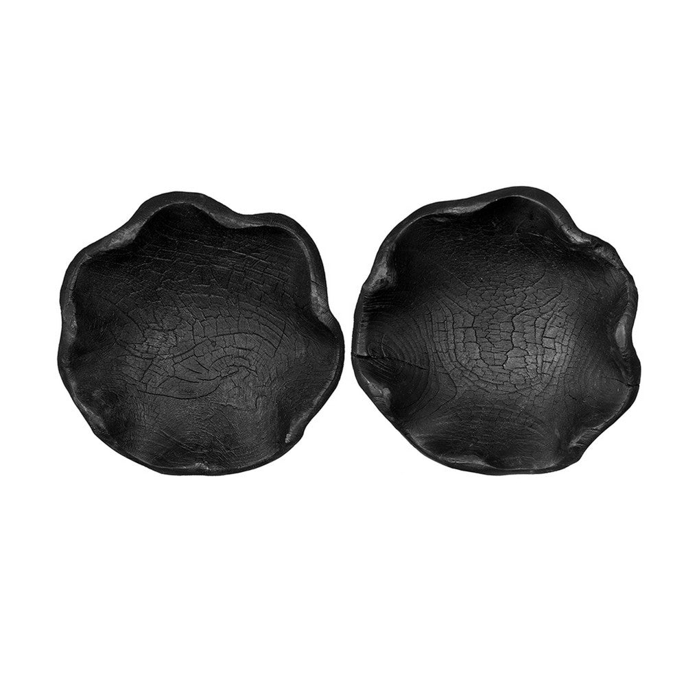 Decorative Bowls Set of 2, Organic Ruffled Edges, Rich Black Teak Wood