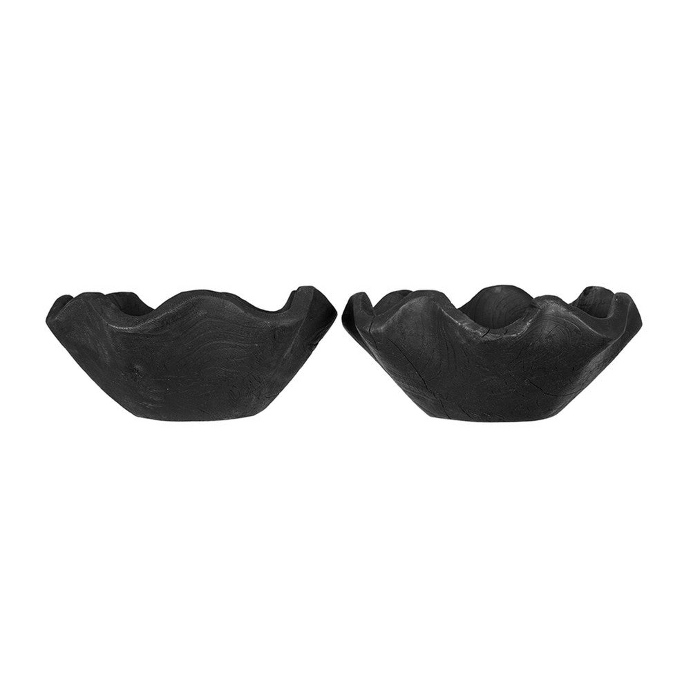 Decorative Bowls Set of 2, Organic Ruffled Edges, Rich Black Teak Wood