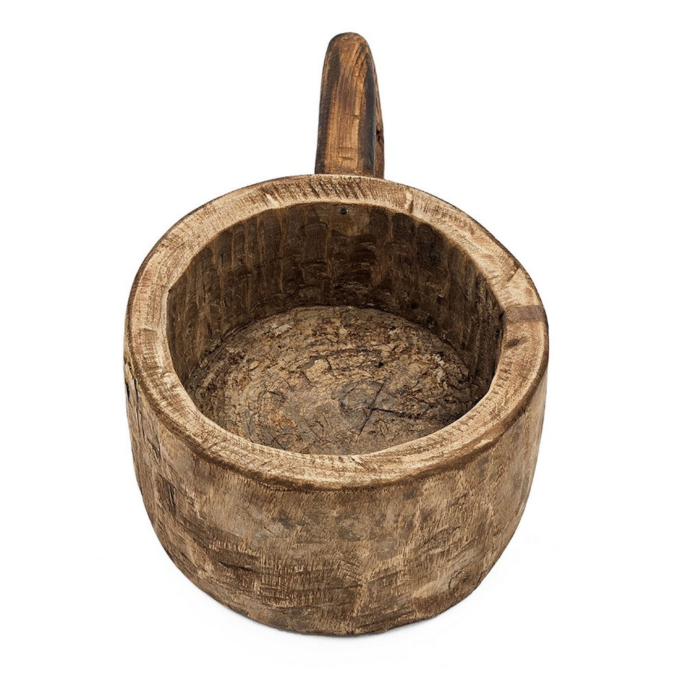 Round Antique Bowl, Square Handle, Hand Carved