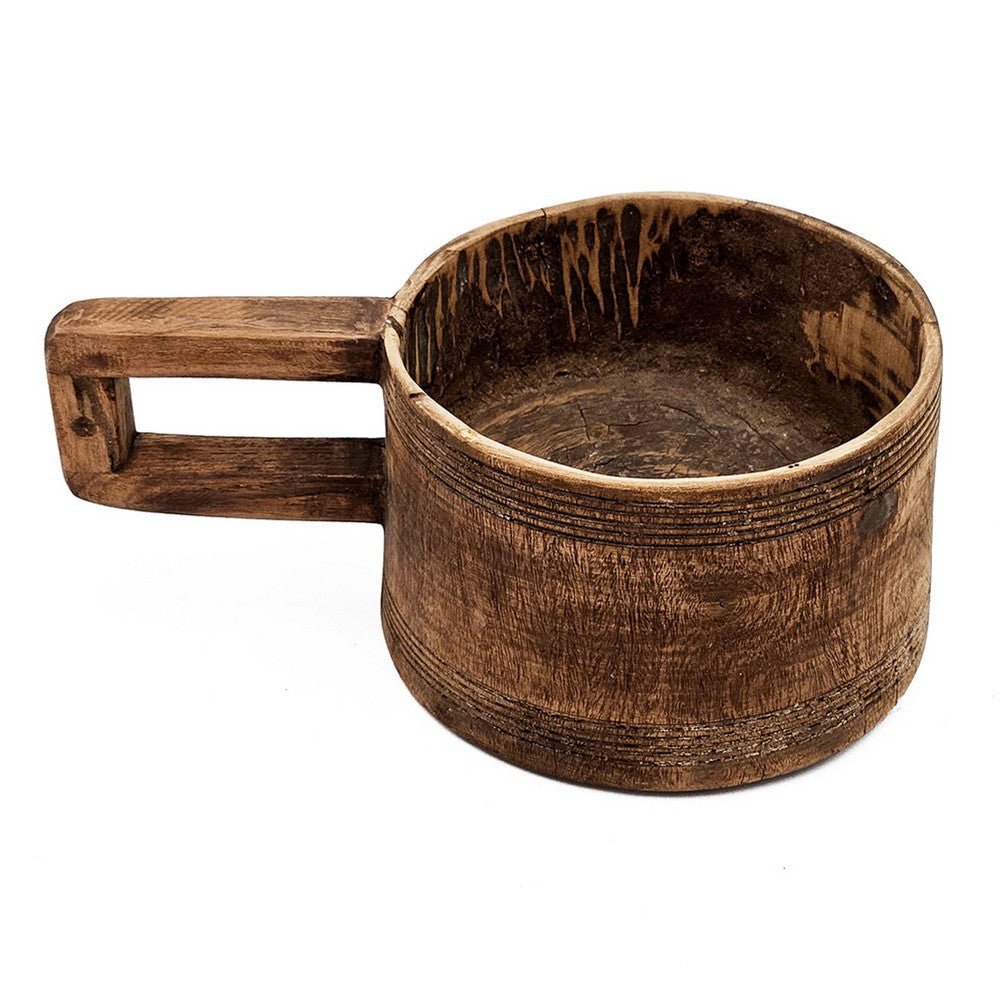 Round Antique Bowl, Square Handle, Hand Carved