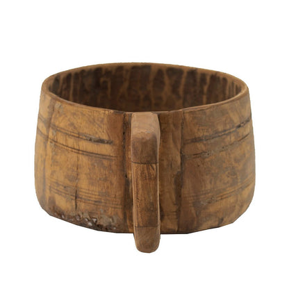 Round Antique Bowl, Square Handle, Hand Carved
