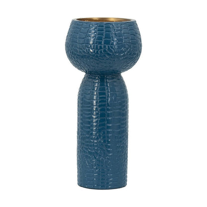 Dany Vase, Crocodile Texture, Watertight Base, 10 Inch Blue Aluminum
