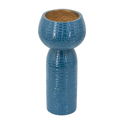 Dany Vase, Crocodile Texture, Watertight Base, 10 Inch Blue Aluminum